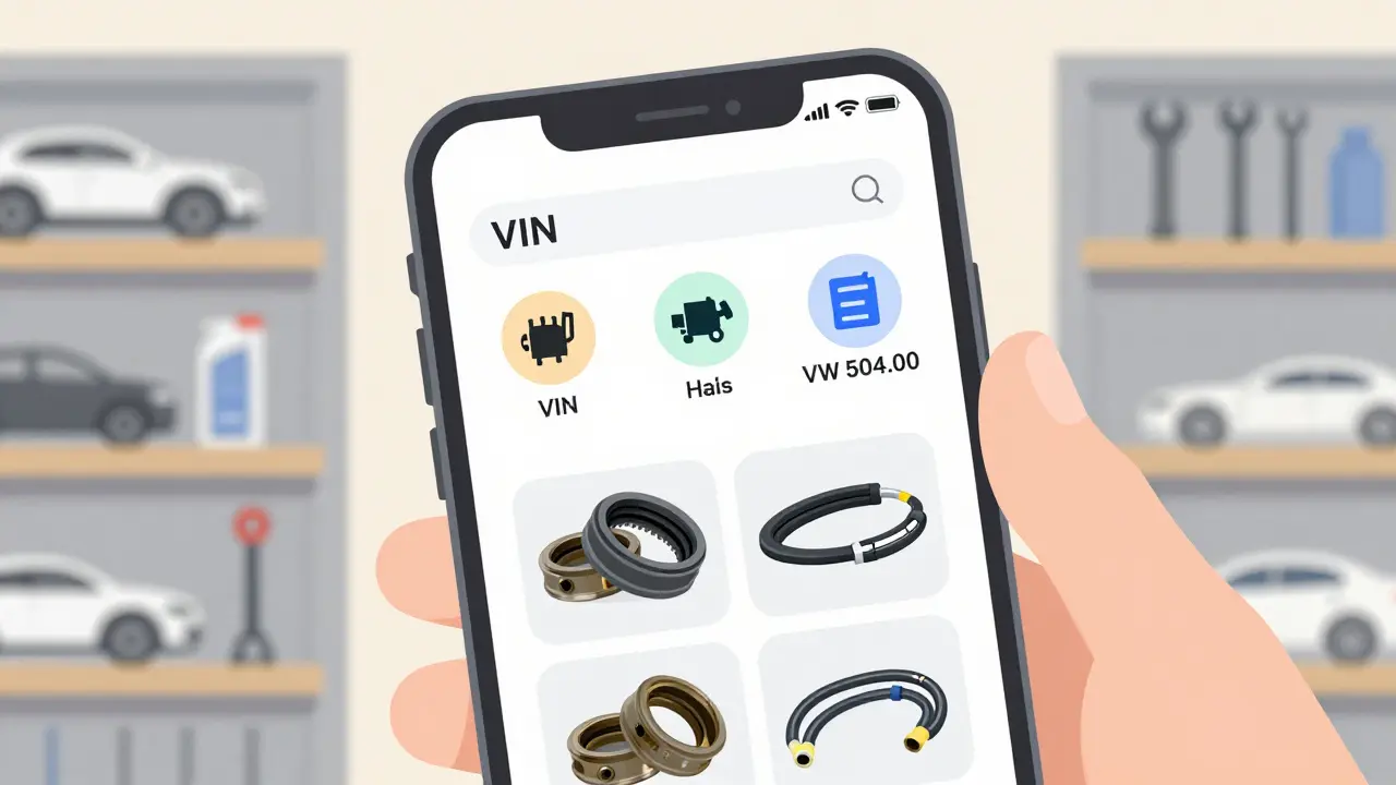 Смартфон с цифровой карточкой авто: иконки параметров и фотографии старых уплотнителей, ключевые данные подсвечены.