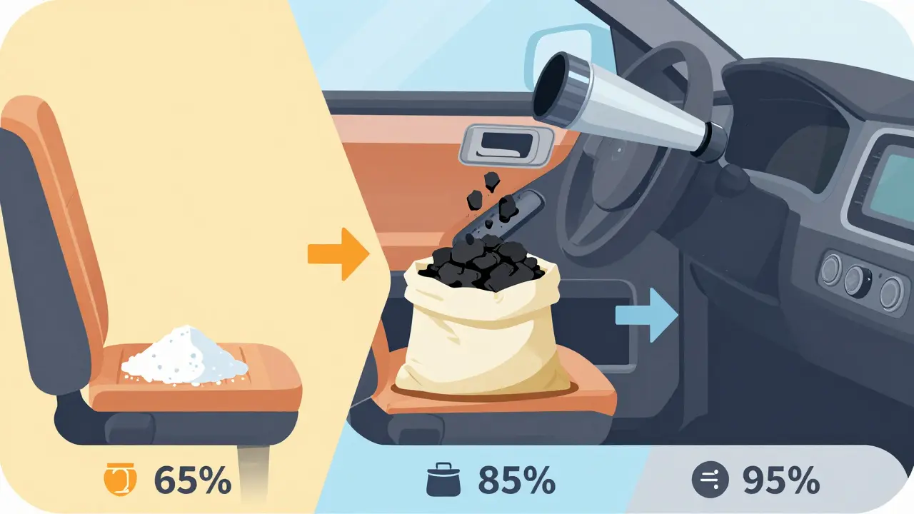 Сравнение трёх методов устранения запахов: сода, уголь и озонатор, в минималистичной иллюстрации.