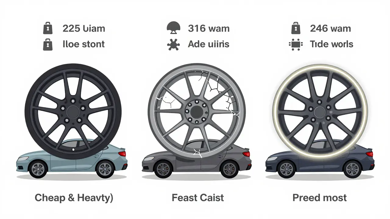 Сравнение трёх типов дисков: штампованный, литой и кованый, с визуальными показателями веса и безопасности.