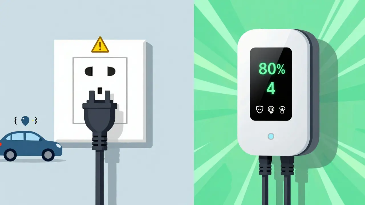 Сравнение зарядки через розетку и через стеновую станцию с предупреждениями и защитой.