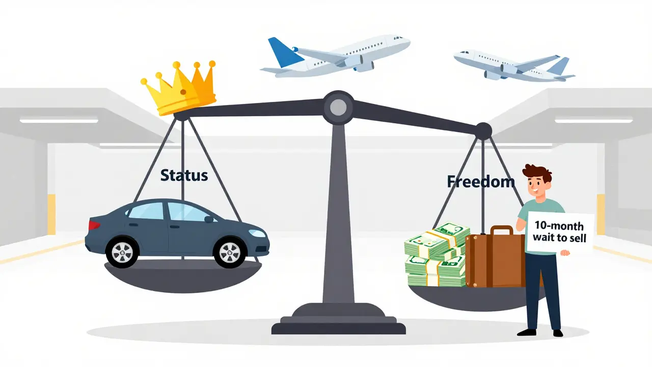 Весы: парковка с короной против денег и чемодана — свобода против статуса.