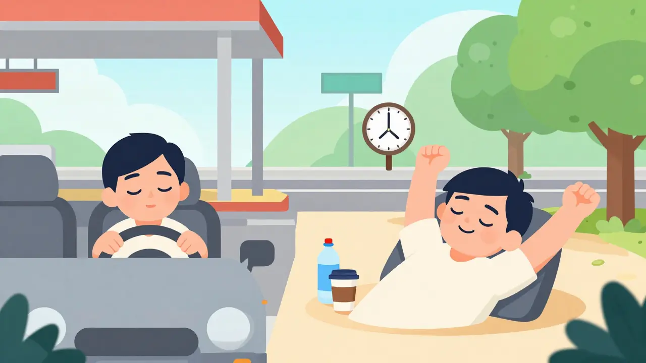 Водитель после короткого сна на заправке растягивается и улыбается.