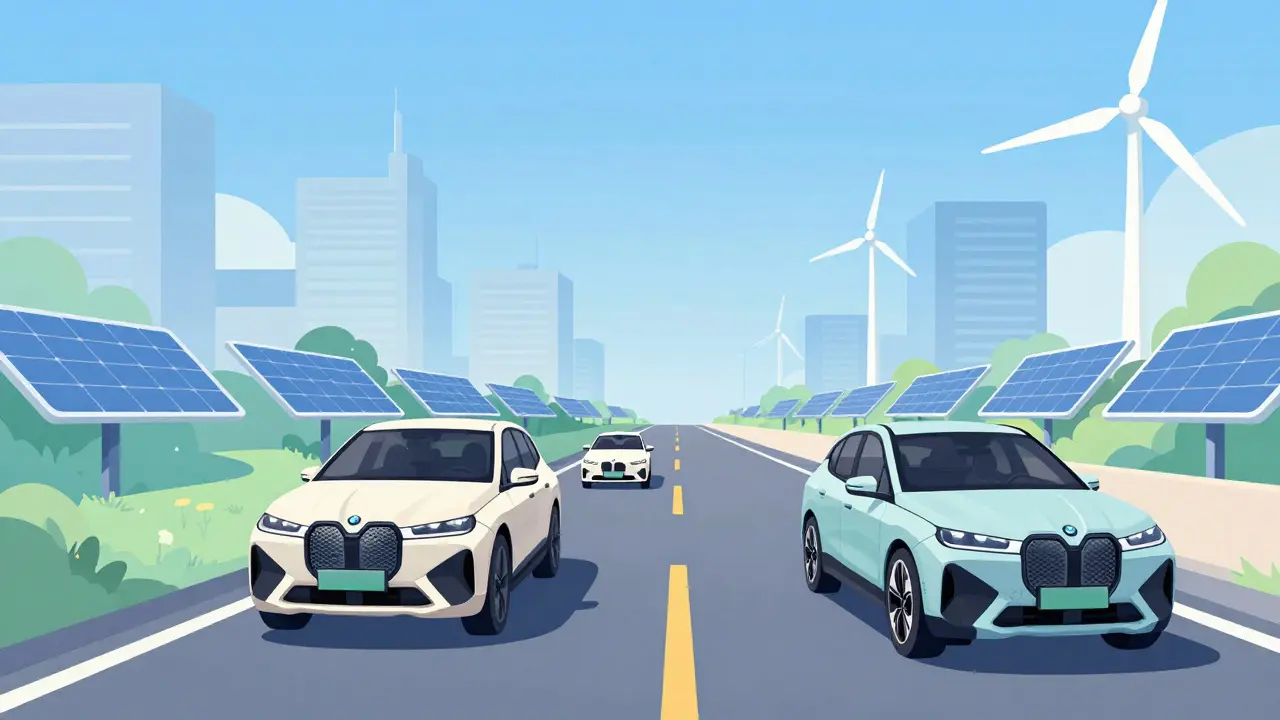 Будущий город с электромобилями BMW и возобновляемыми источниками энергии