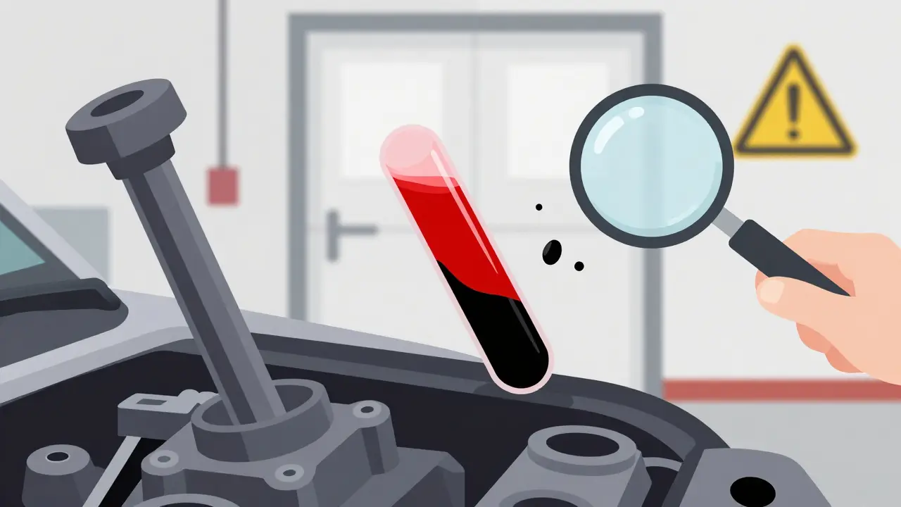 Дипстик автоматической коробки передач с двумя образцами масла: красное (хорошее) и чёрное (плохое).