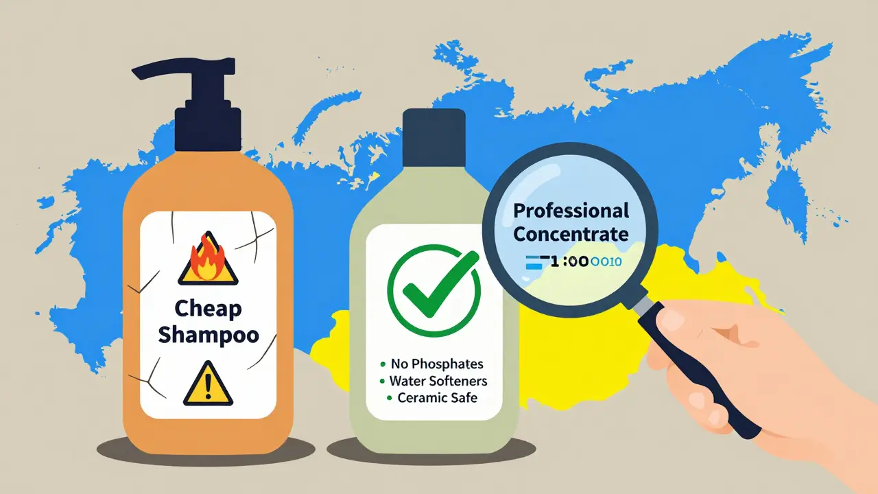 Две бутылки автошампуня: дешевая с предупреждениями и профессиональная с экологичными характеристиками.