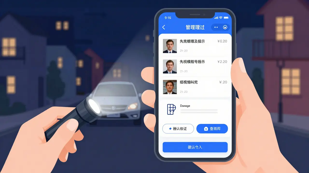 Экран приложения ОСАГО с подтвержденным отчетом, ночная съемка номера фонариком и видны номера домов на фоне.