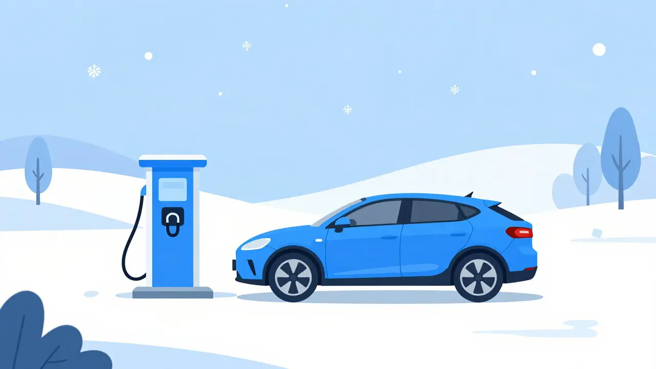 Электромобиль у зарядной станции в снежной местности