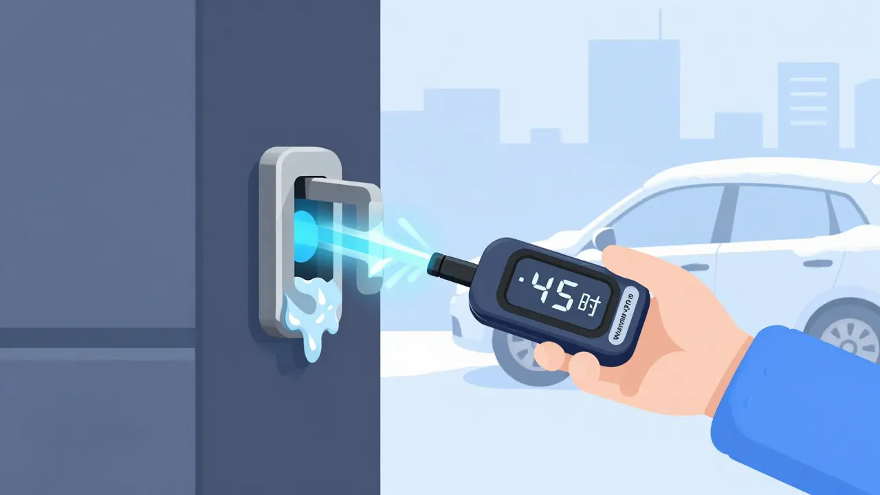 Электронный брелок-размораживатель в замке автомобиля с индикатором времени.