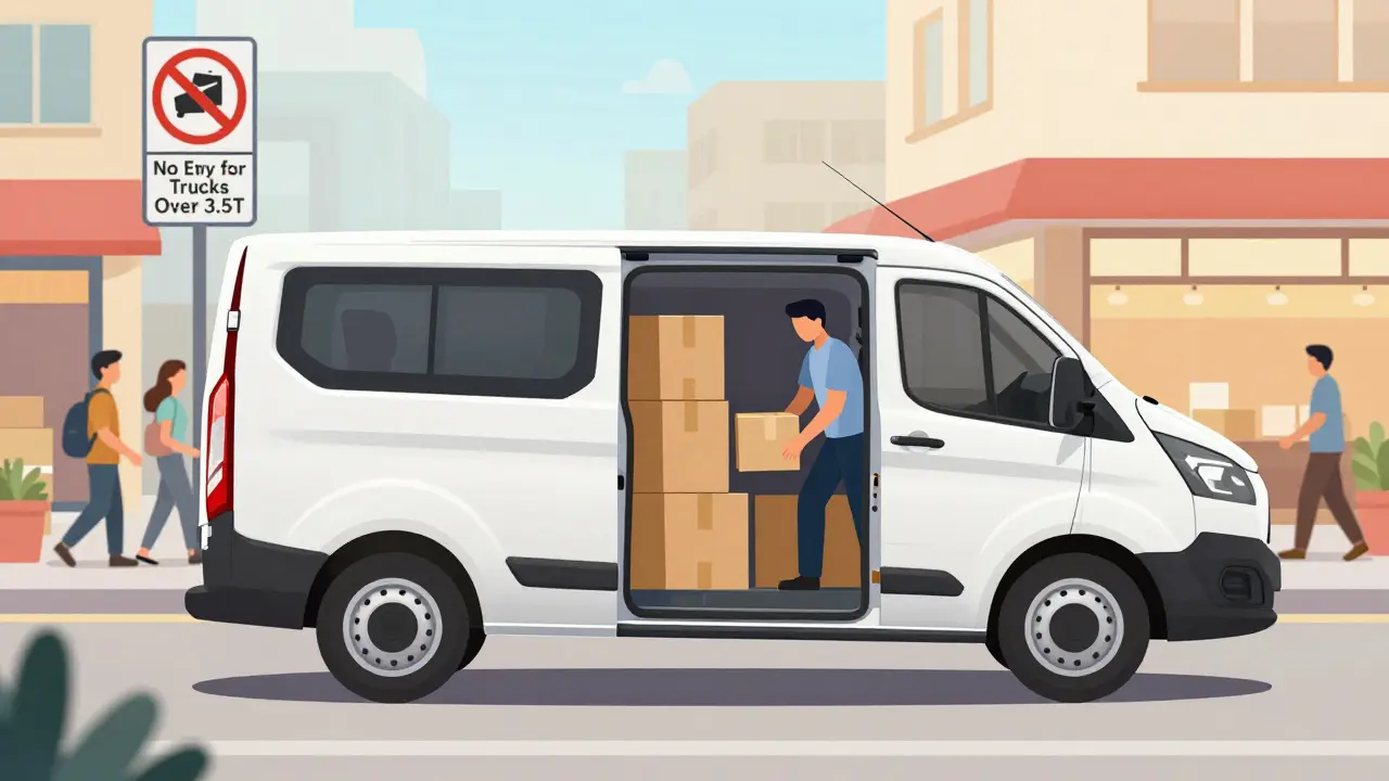 Фургон Ford Transit Custom с открытыми дверями разгружает коробки в торговом центре.