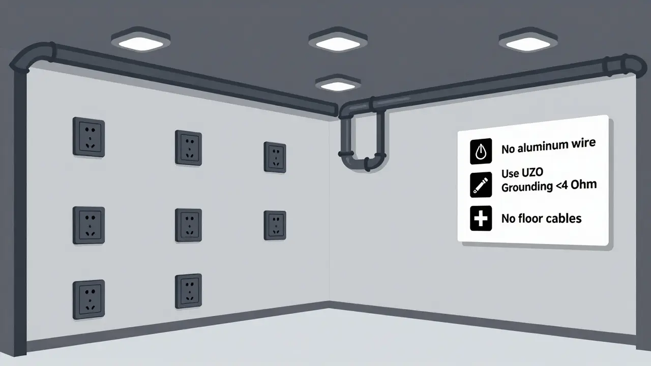 Гараж с 10 розетками по стенам, LED-освещением и кабель-каналами, с чек-листом требований безопасности.