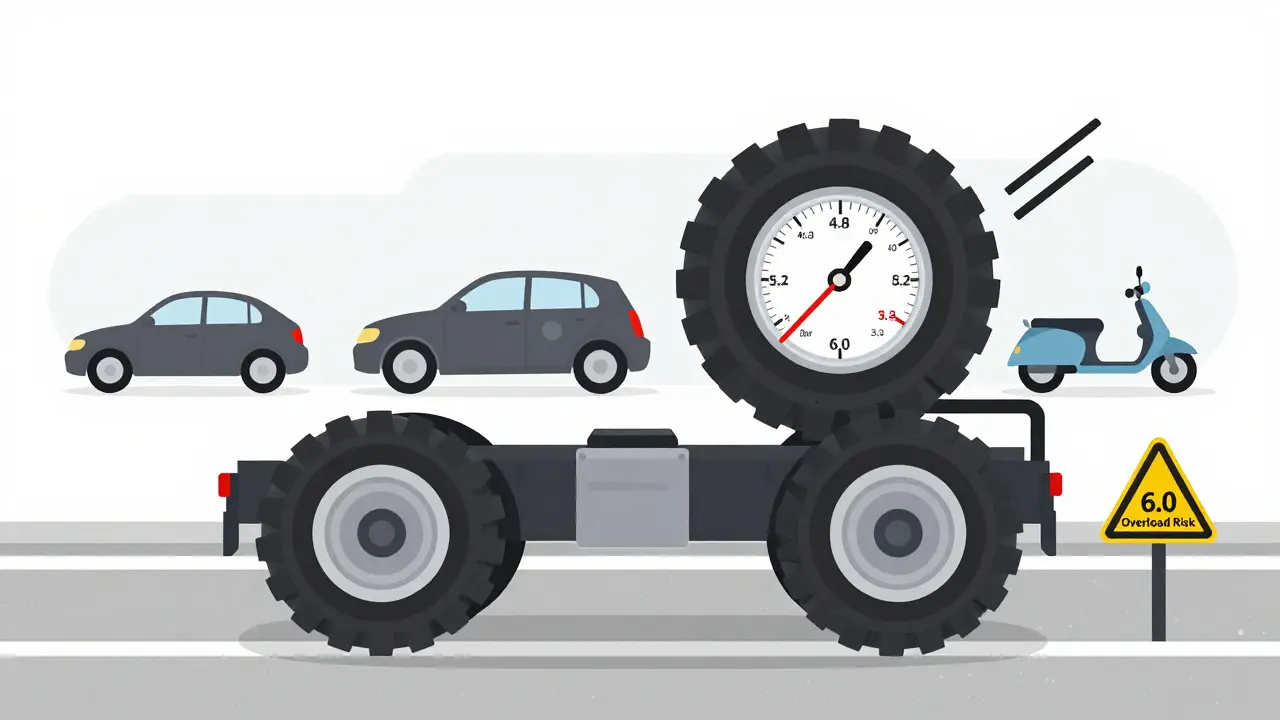 Грузовик с высоким давлением в шинах, рядом — предупреждение о перегрузке и разрыве шины