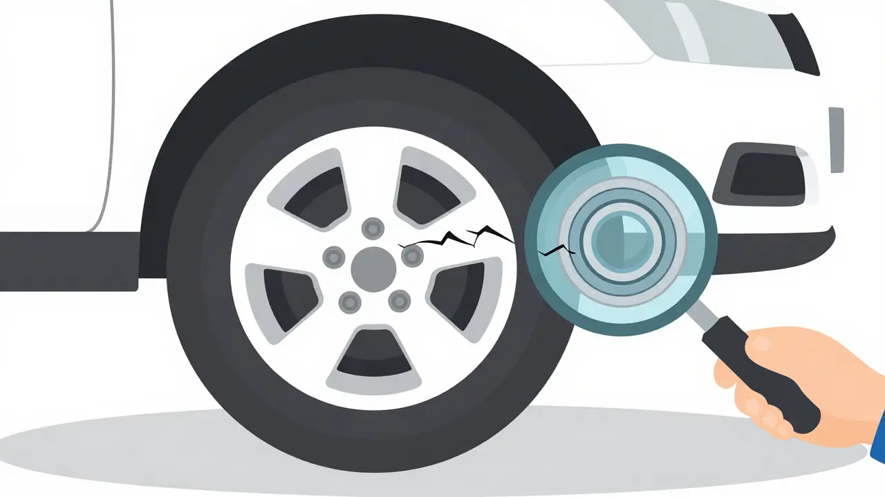 Механик проверяет люфт колеса, внутри подшипника видны разрушенные ролики.