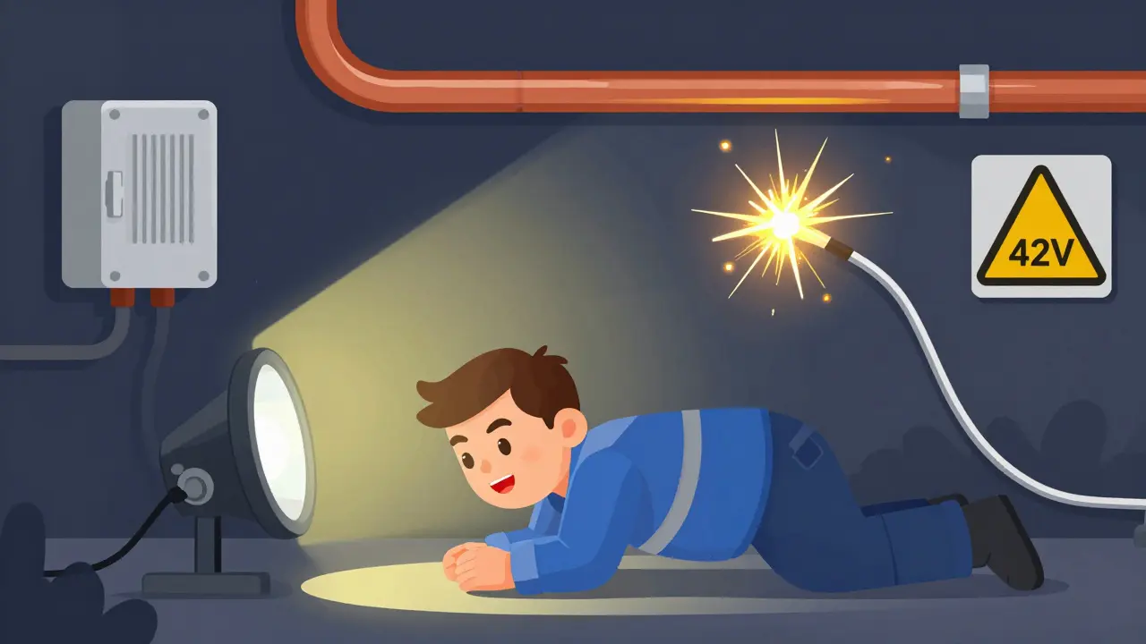 Механик в смотровой яме под машиной с безопасными 12В лампами и понижающим трансформатором на стене.