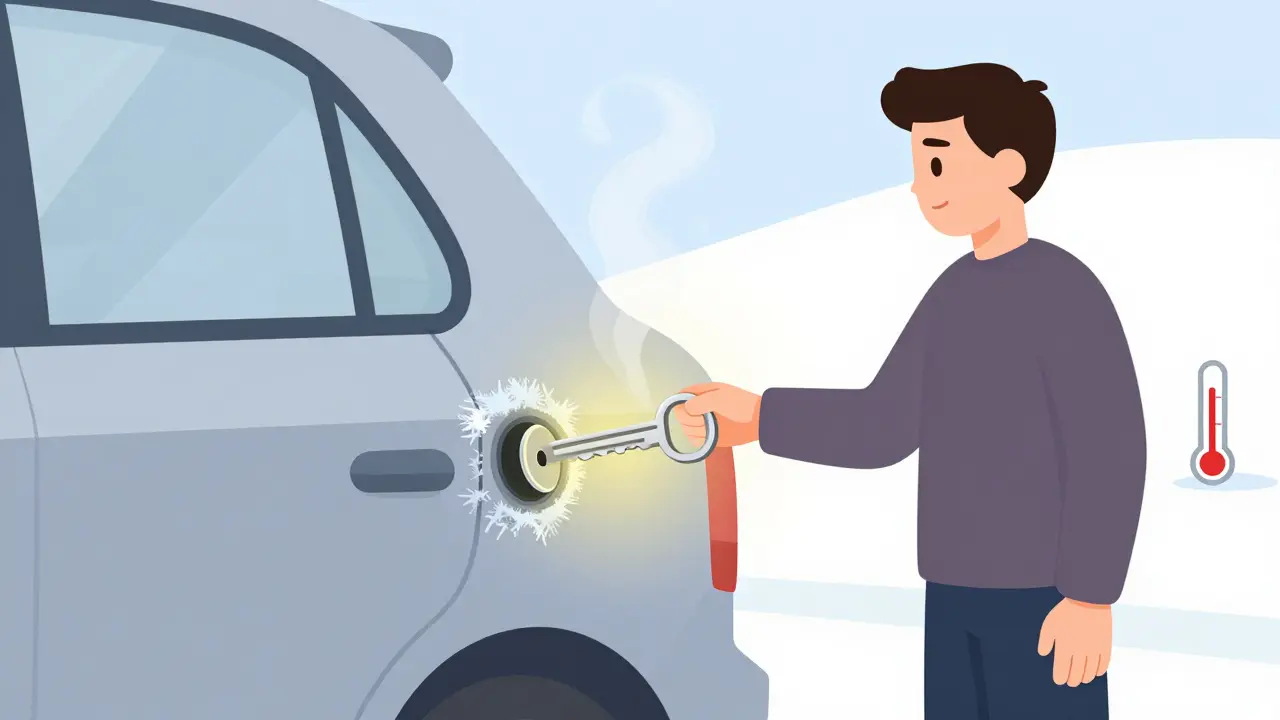 Подогретый ключ вставляется в замок автомобиля, оттаяние льда видно по пару.