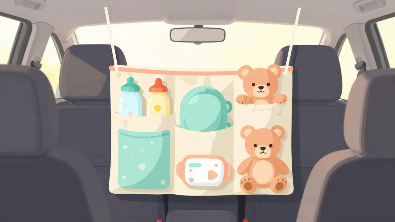 Подвесной органайзер на спинке сиденья с детскими бутылочками и подгузниками.