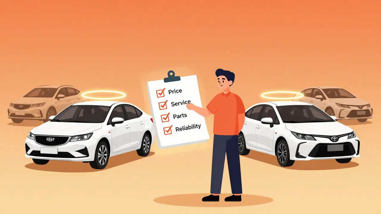 Покупатель в автосалоне сравнивает машины по критериям цены, сервиса и надежности, выбирая между Lada, Haval и Toyota.