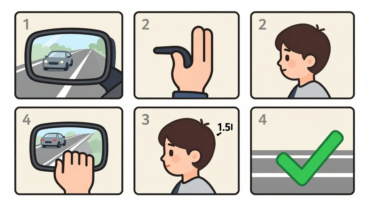 Пошаговая схема безопасного перестроения: зеркала, поворотник, поворот головы и маневр.