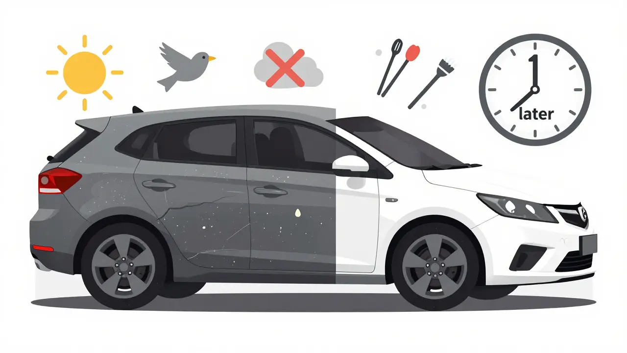 Сравнение: испорченная матовая краска слева и идеальная — справа, с символами запретов.