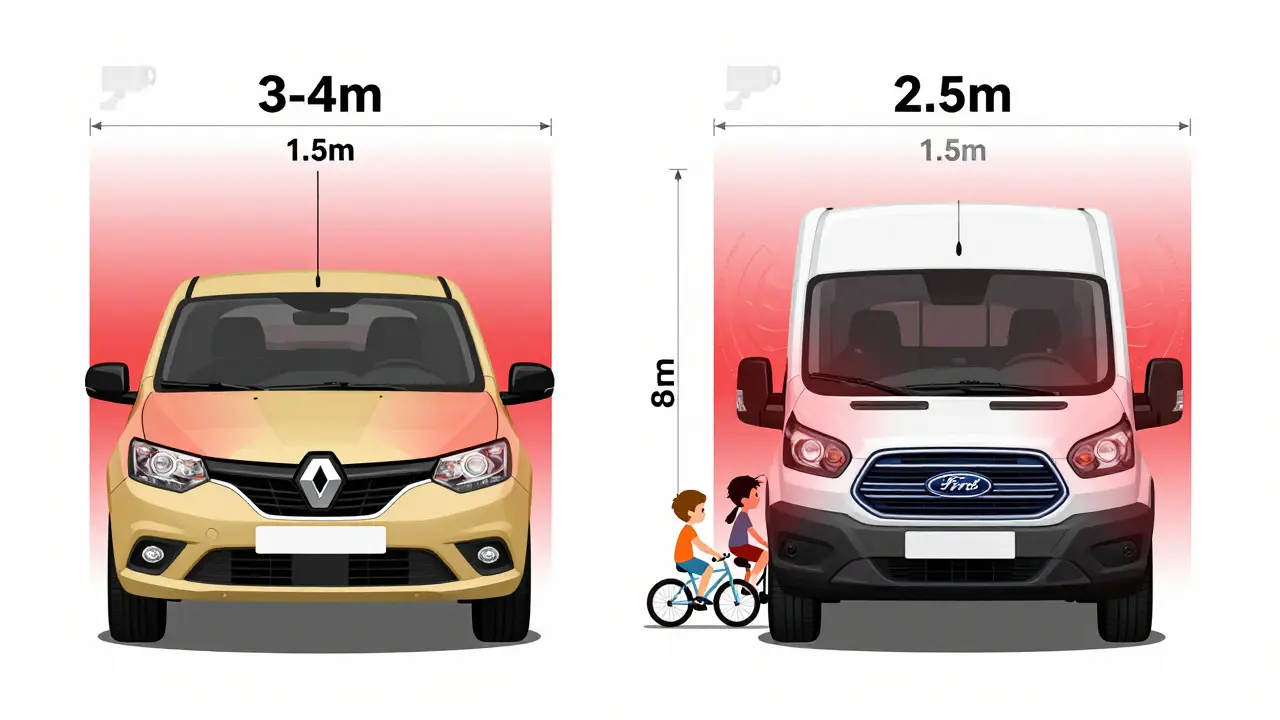Сравнение слепых зон у Renault Logan и Ford Transit с цветовыми зонами и скрытыми объектами.