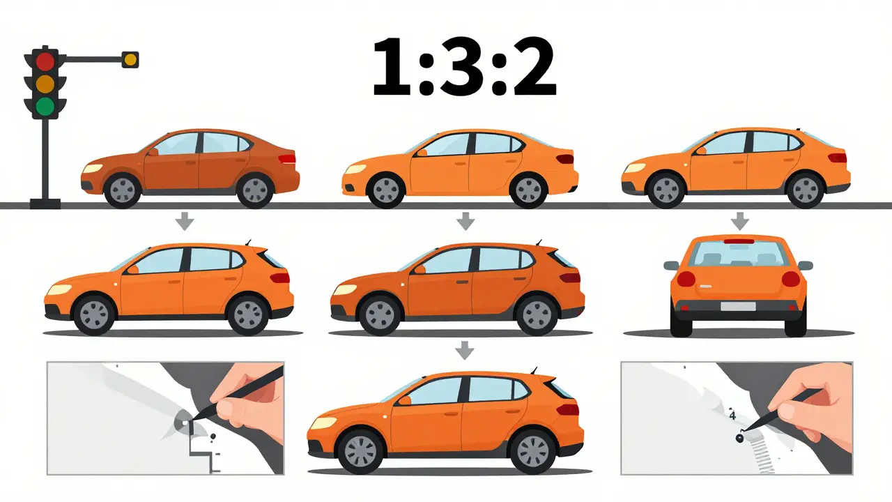 Визуализация правила 1:3:2 для фотофиксации ДТП: общий план, три ракурса машин и два снимка повреждений с масштабом.
