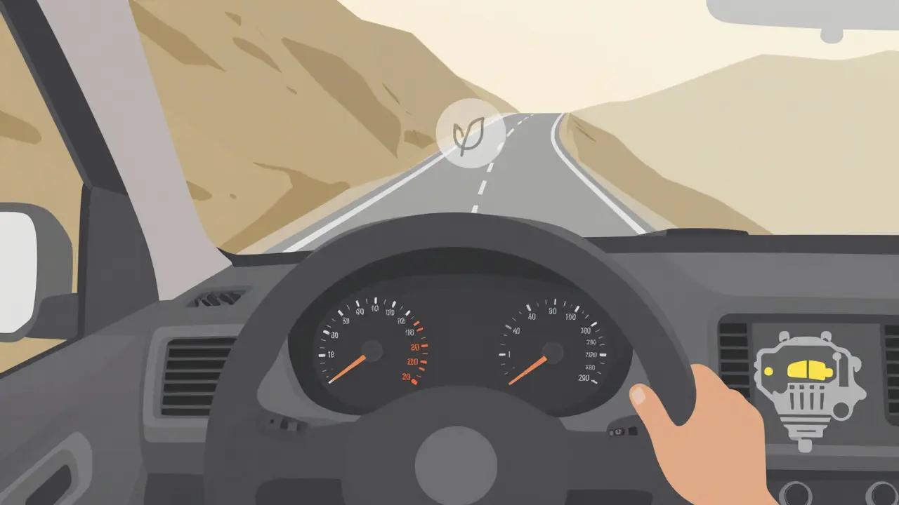 Водитель следит за оборотами двигателя на крутой горе, индикатор экономии топлива