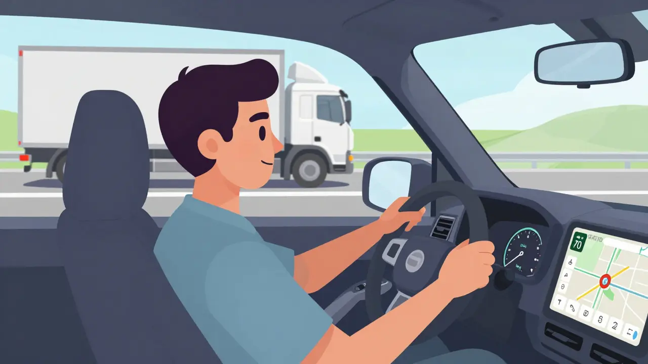 Водитель спокойно едет по трассе со скоростью 70 км/ч, грузовик проезжает мимо.