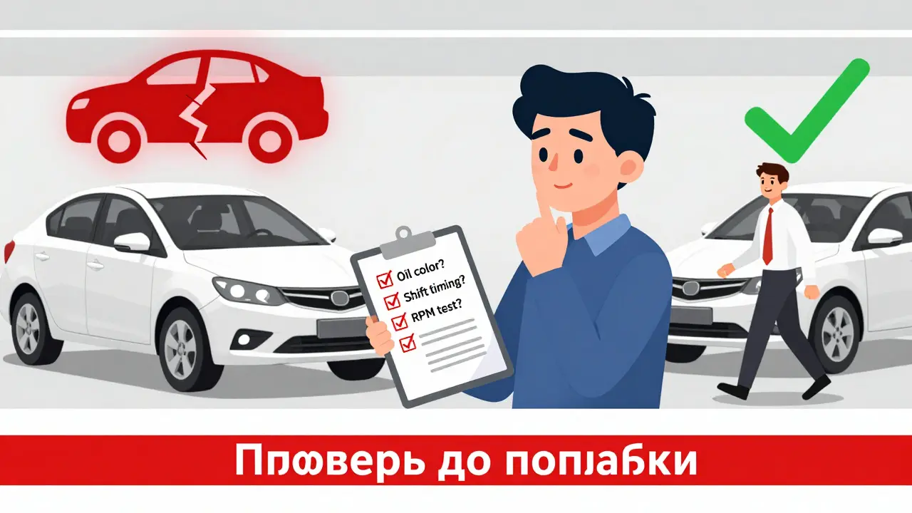 Водитель сравнивает два автомобиля на автосалоне: один с красной предупреждающей иконкой, другой — с зелёной отметкой.