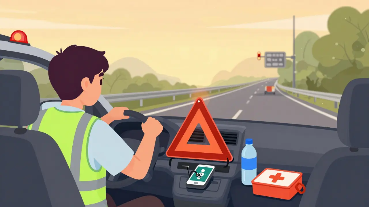 Водитель в жилете выставляет аварийный знак на обочине трассы с видом на машину и снеки внутри.