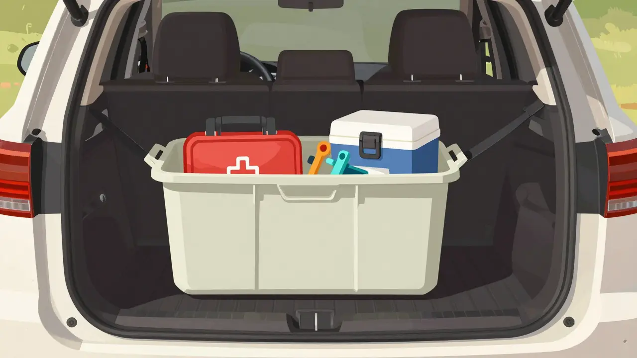 Жесткий органайзер в багажнике с аптечкой и инструментами, закрепленный ремнями.