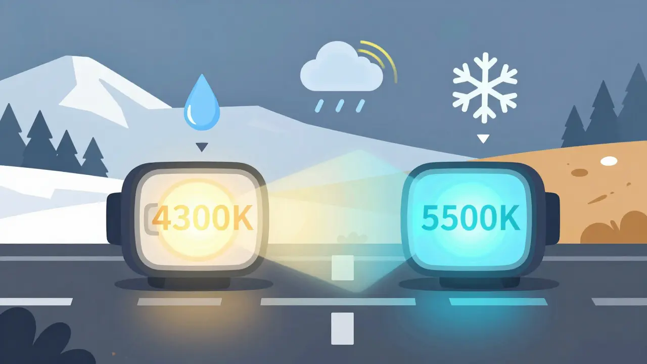 Адаптивные фары меняют цвет света в зависимости от погоды: тёплый для дождя, холодный для сухой дороги.