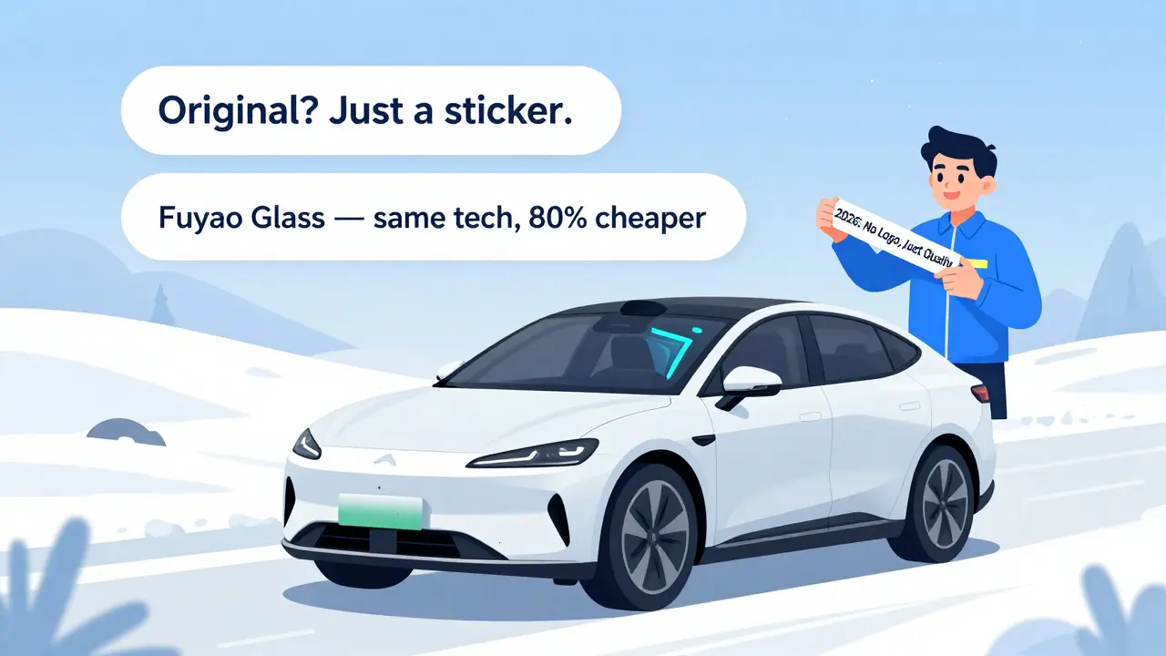 Автомобиль в снегу с лобовым стеклом, над которым надписи о том, что оригинал — это просто наклейка, а Fuyao — надежный выбор.