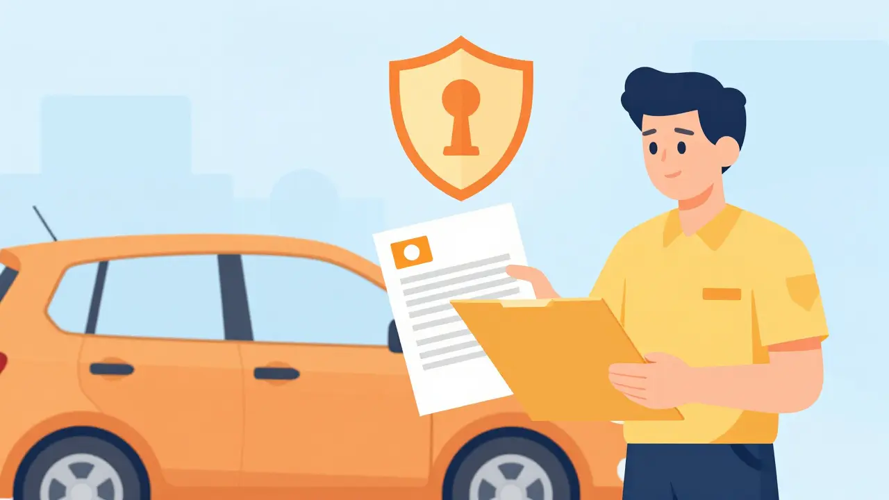 Документы и автомобиль, тема юридических требований.