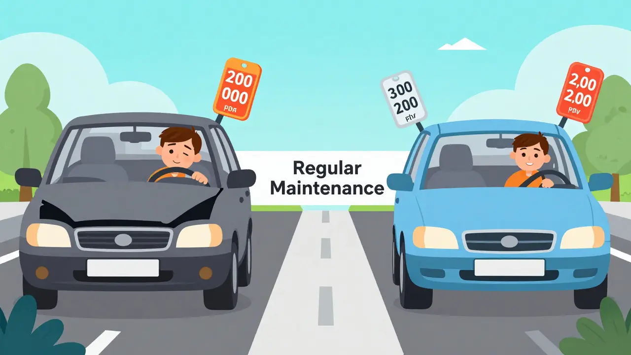 Два сценария: дорогой ремонт слева и недорогое обслуживание справа, показывающие выгоду профилактики