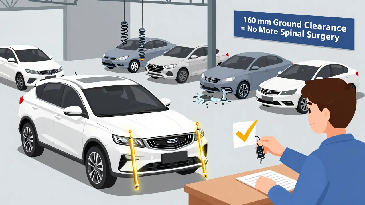 Geely Emgrand 7 на СТО с подсвеченными амортизаторами, другие машины сломаны, на стене — надпись о клиренсе.