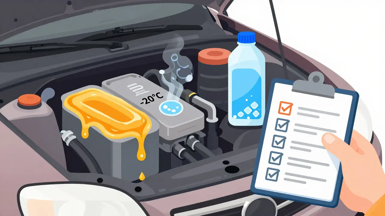 Капли моторного масла, тормозной жидкости и жидкости для омывателя, реагирующие на мороз с разными состояниями.