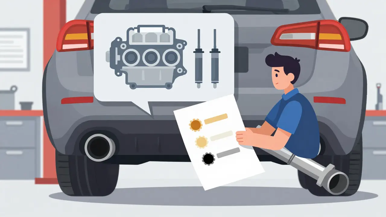 Механик проверяет выхлоп белой бумагой, на которой видны жирные пятна, сажа и следы антифриза.