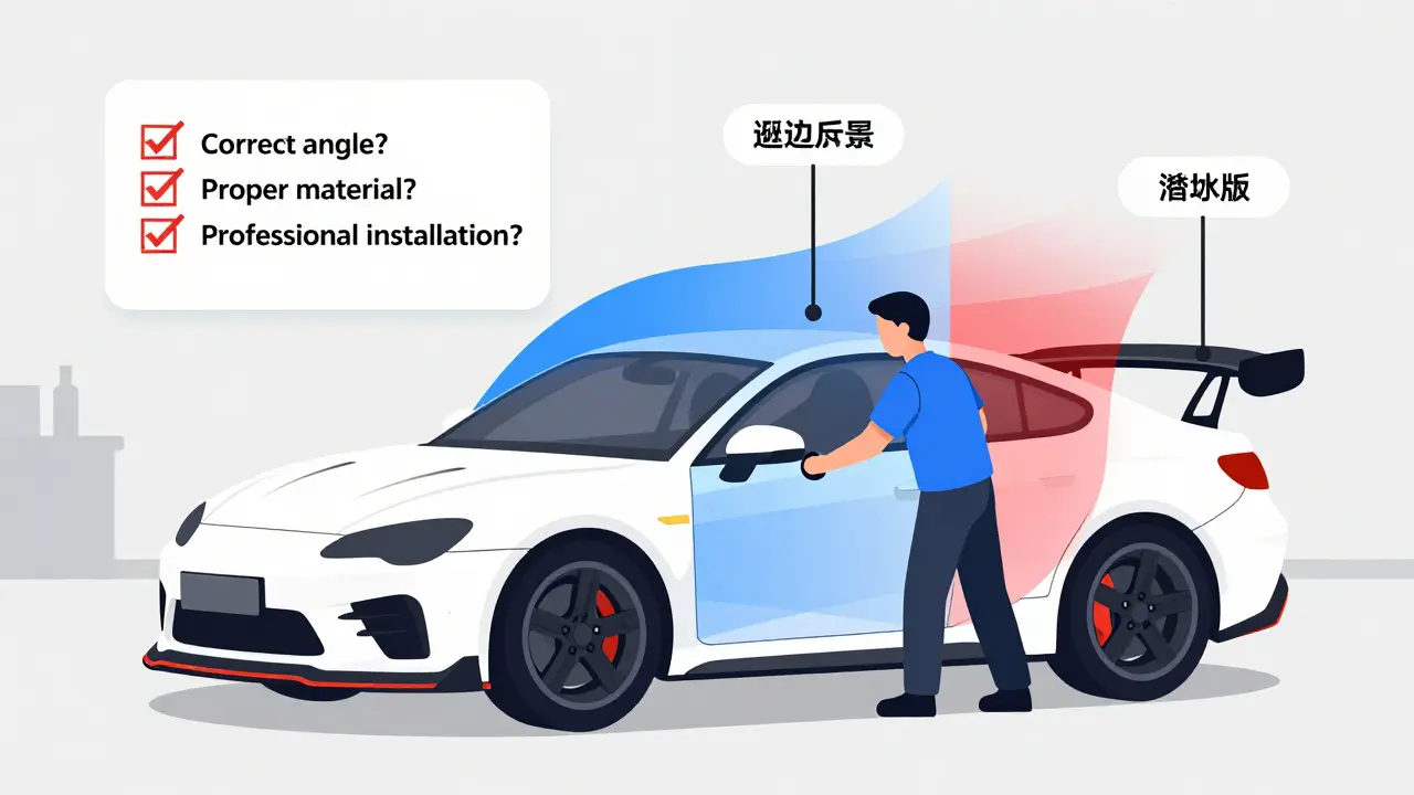 Механик устанавливает аэродинамические детали на машину, с подсказками и зонами давления воздуха, в стиле минималистичной иллюстрации.