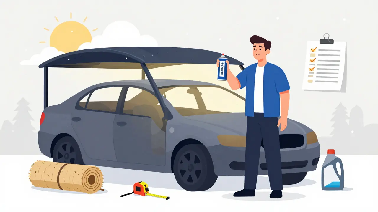 Мужчина обрабатывает гараж-ракушку антикоррозийным составом, вокруг инструменты и утеплитель, зимний вечер.