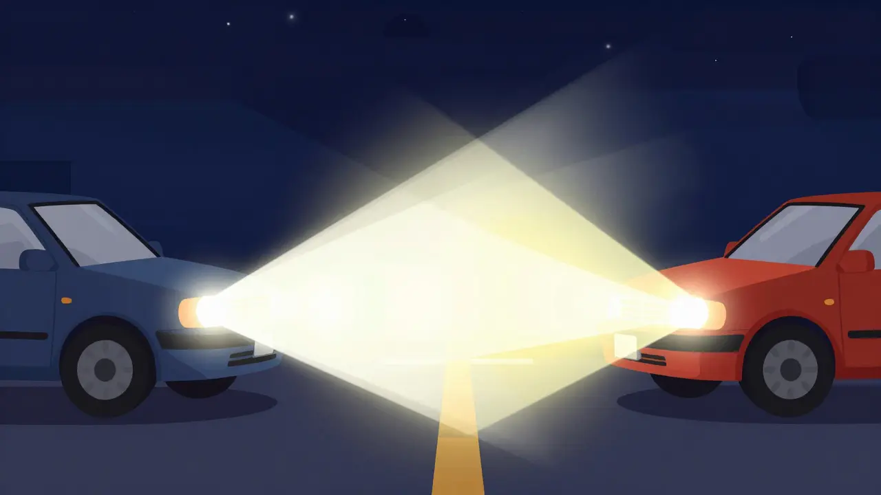 Ослепление от встречных фар на дороге ночью, плоский дизайн