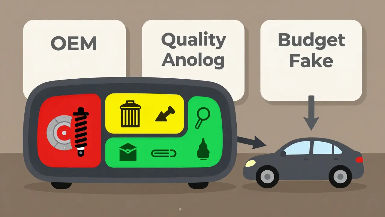 Панель приборов с тремя зонами риска: красная — тормоза, желтая — фильтры, зеленая — пластики, с указателями на типы запчастей.