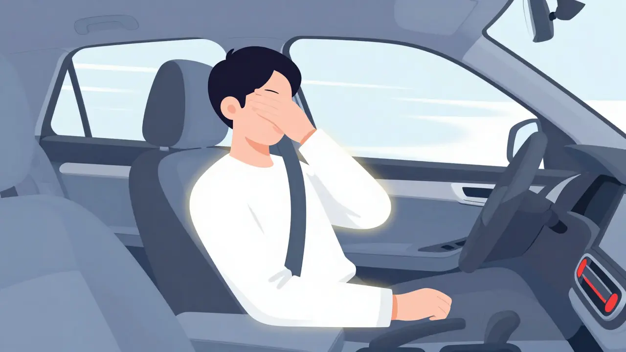 Передний пассажир с скрещёнными руками перед лицом и пристёгнутым ремнём, спокойно сидит в машине.