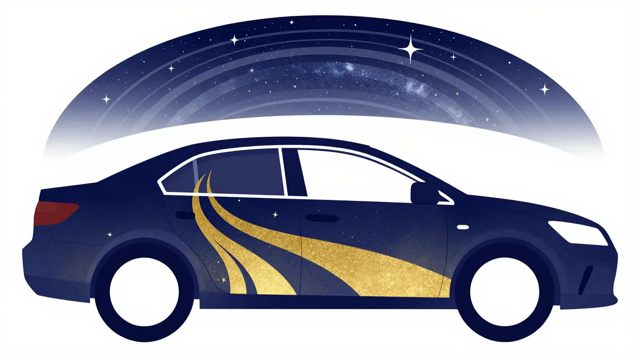 Полный кузов автомобиля с небесным узором на крыше и цветными потоками на дверях.