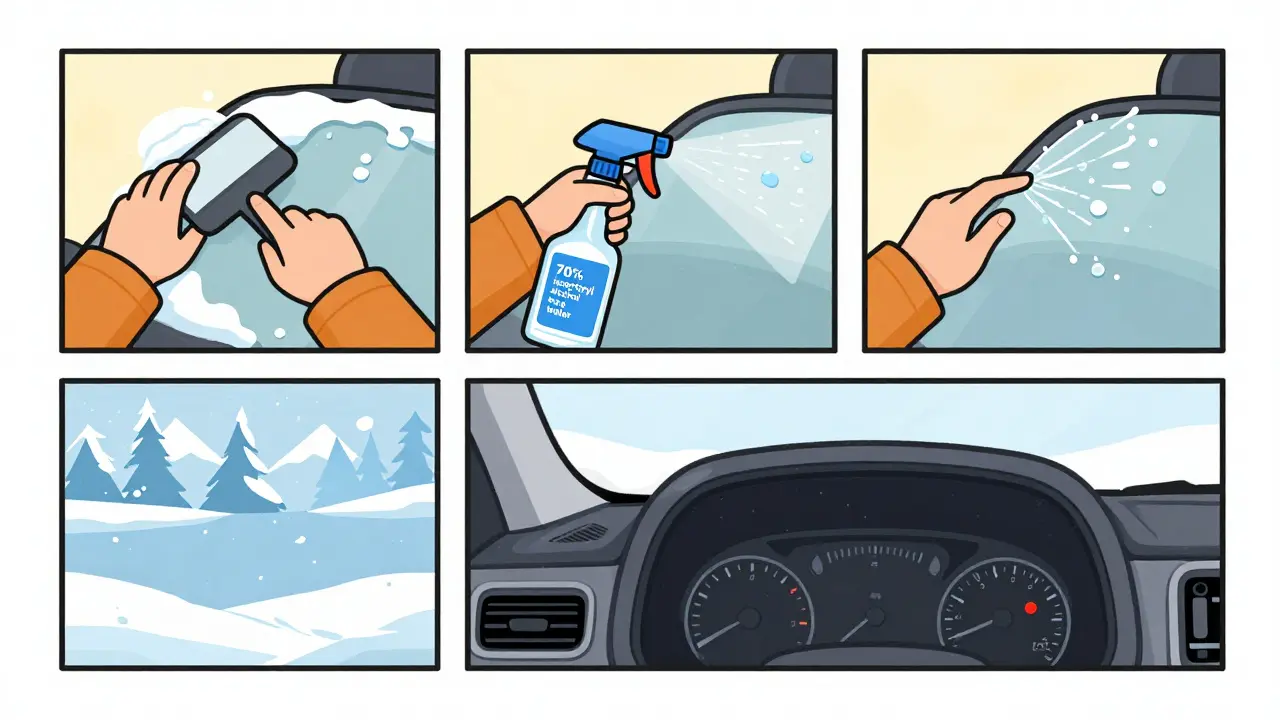 Пошаговая иллюстрация: очистка снега, распыление спиртового раствора, плавный прогрев салона с низкой мощностью вентилятора.