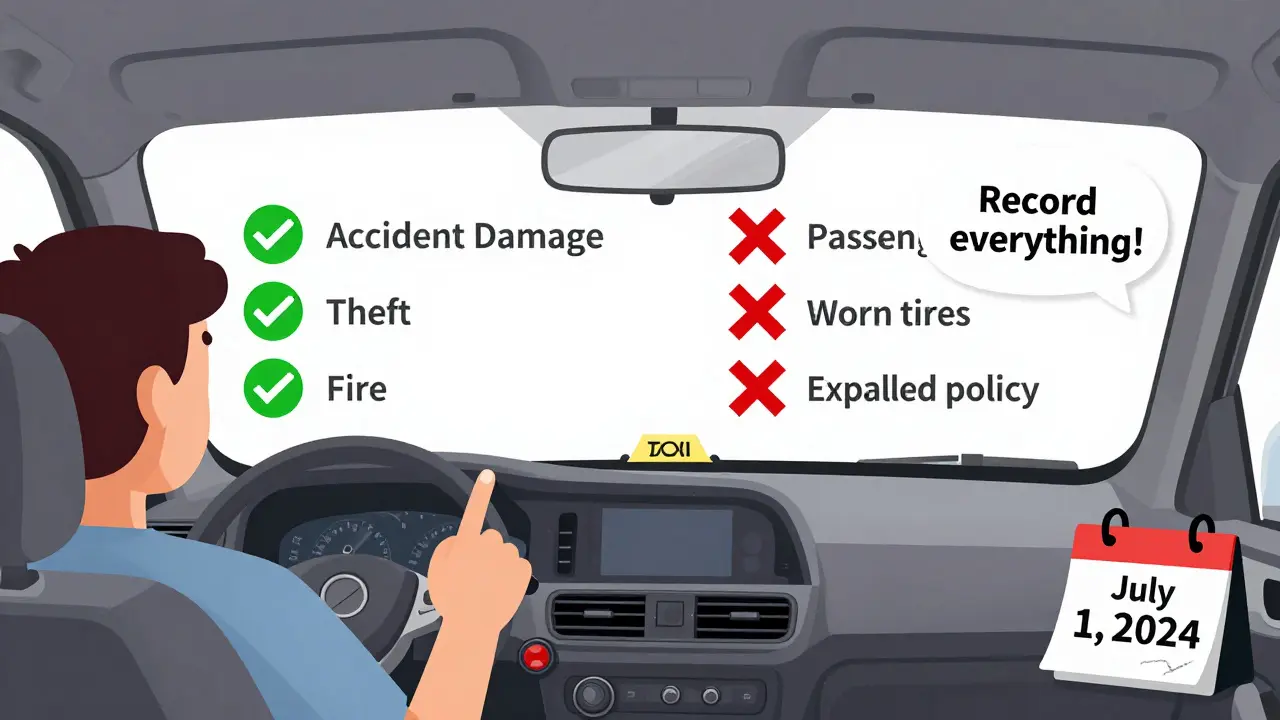 Прозрачный обзор покрытий и исключений в КАСКО для такси: зелёные галочки и красные крестики над ключевыми рисками.