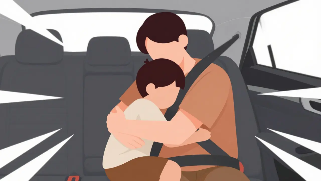 Родитель защищает ребёнка в заднем сиденье, прижимая его к себе и сворачиваясь в защитную позу.