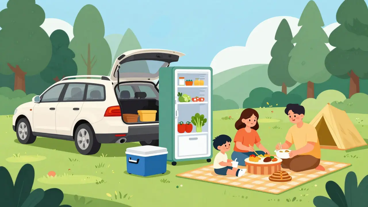 Семейный пикник в лесу с едой в холодильнике и термосумке