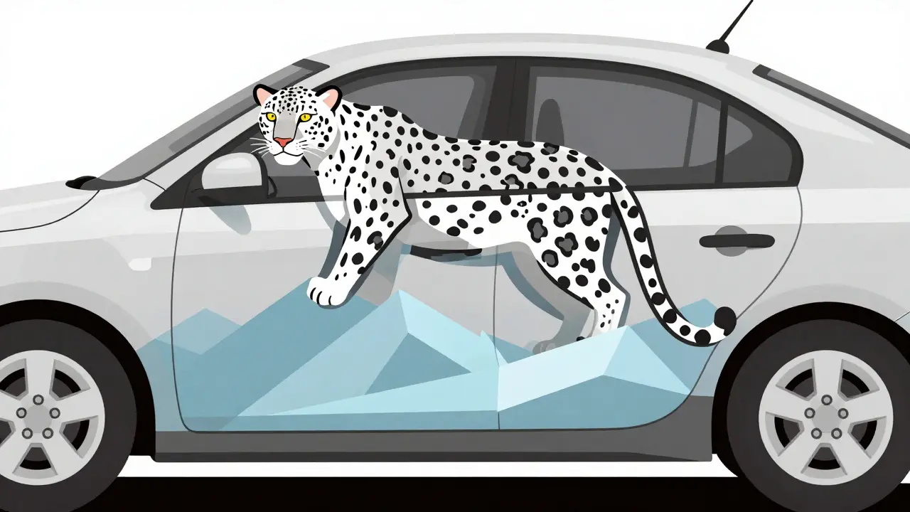 Снежный барс, выходящий из бокового зеркала, с геометрическими горами на двери автомобиля.
