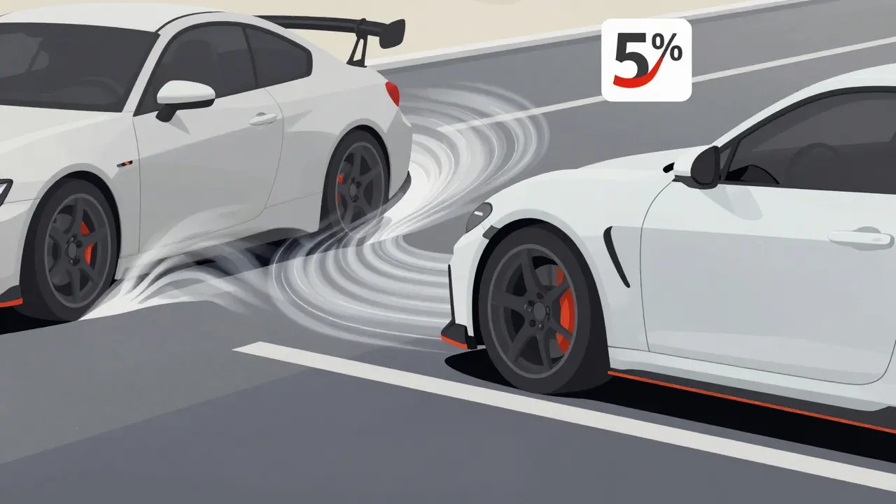 Сравнение двух машин: одна с обычным кузовом и турбулентным воздухом, другая с аэродинамическим обвесом и гладким потоком.