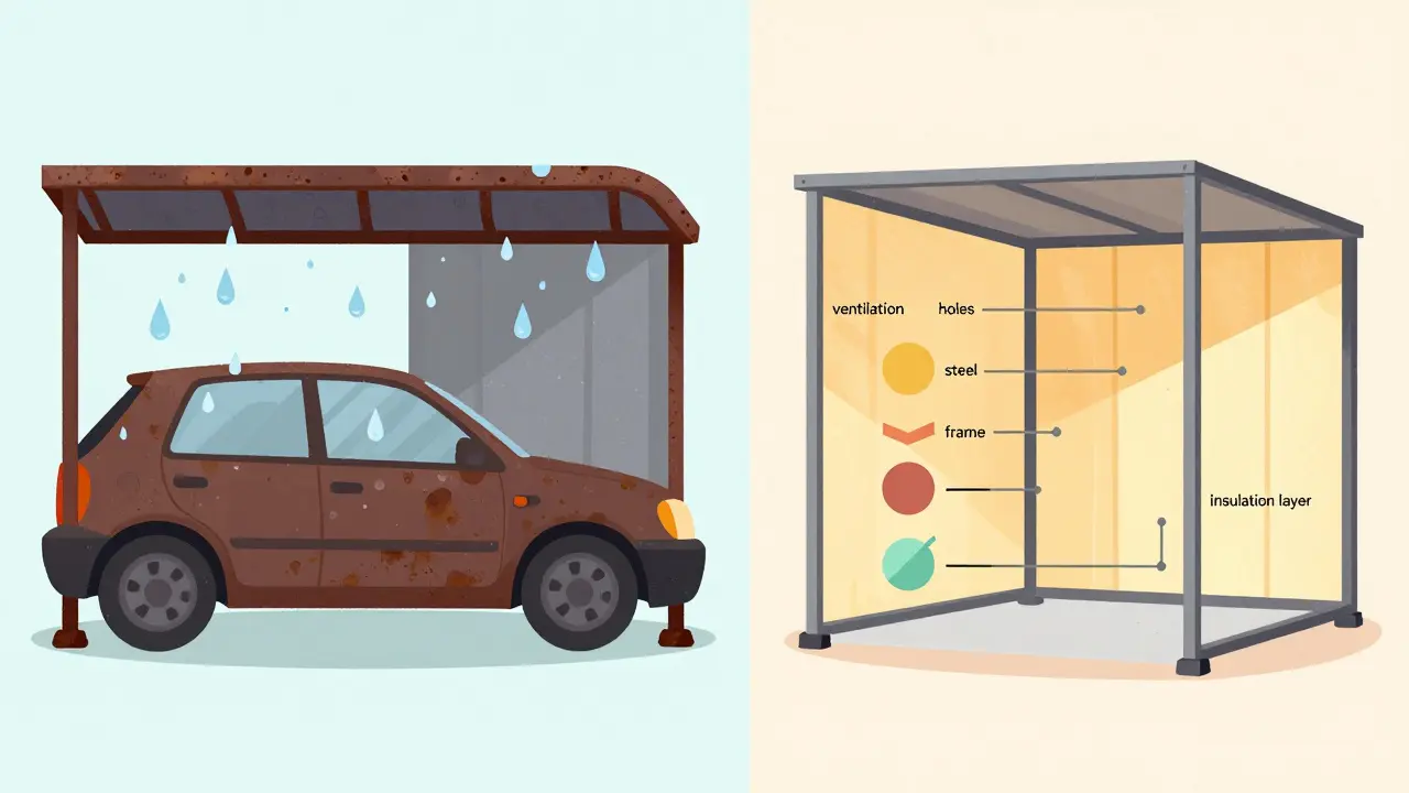 Сравнение гаража-ракушки до и после утепления: ржавчина и конденсат слева, тепло и сухо справа.