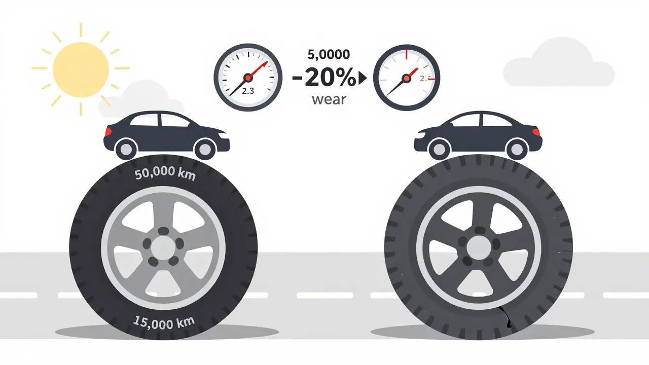 Сравнение износа шин: новая шина на 50 000 км и изношенная на 15 000 км, с указанием давления и его влияния на срок службы.